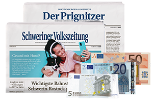 Abbildung der SVZ und des Prignitzers mit 75 € Prämie für 12 Monate Abo